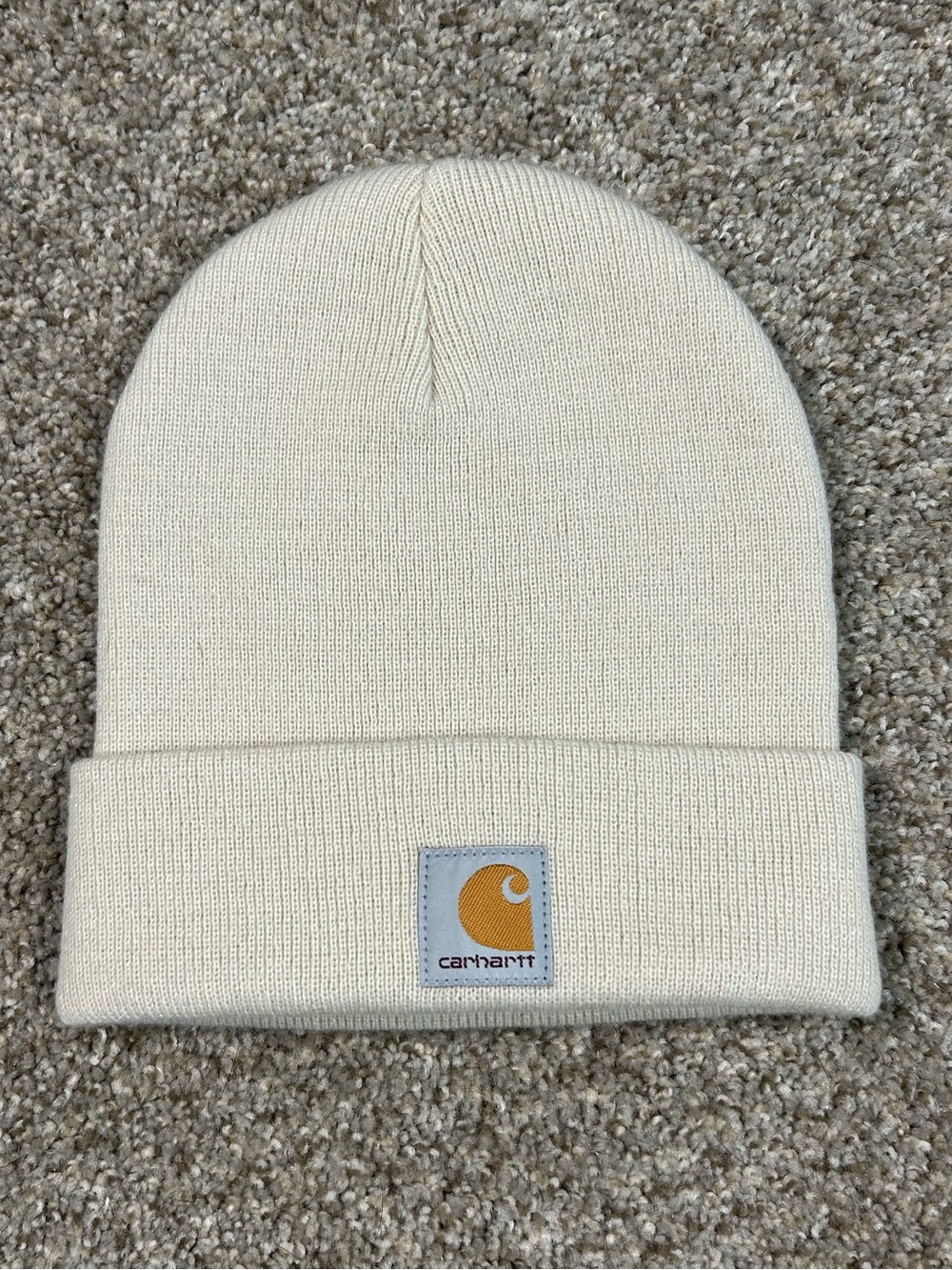 Carhartt Cream Knit Cuffed Beanie with Gold Logo Patch